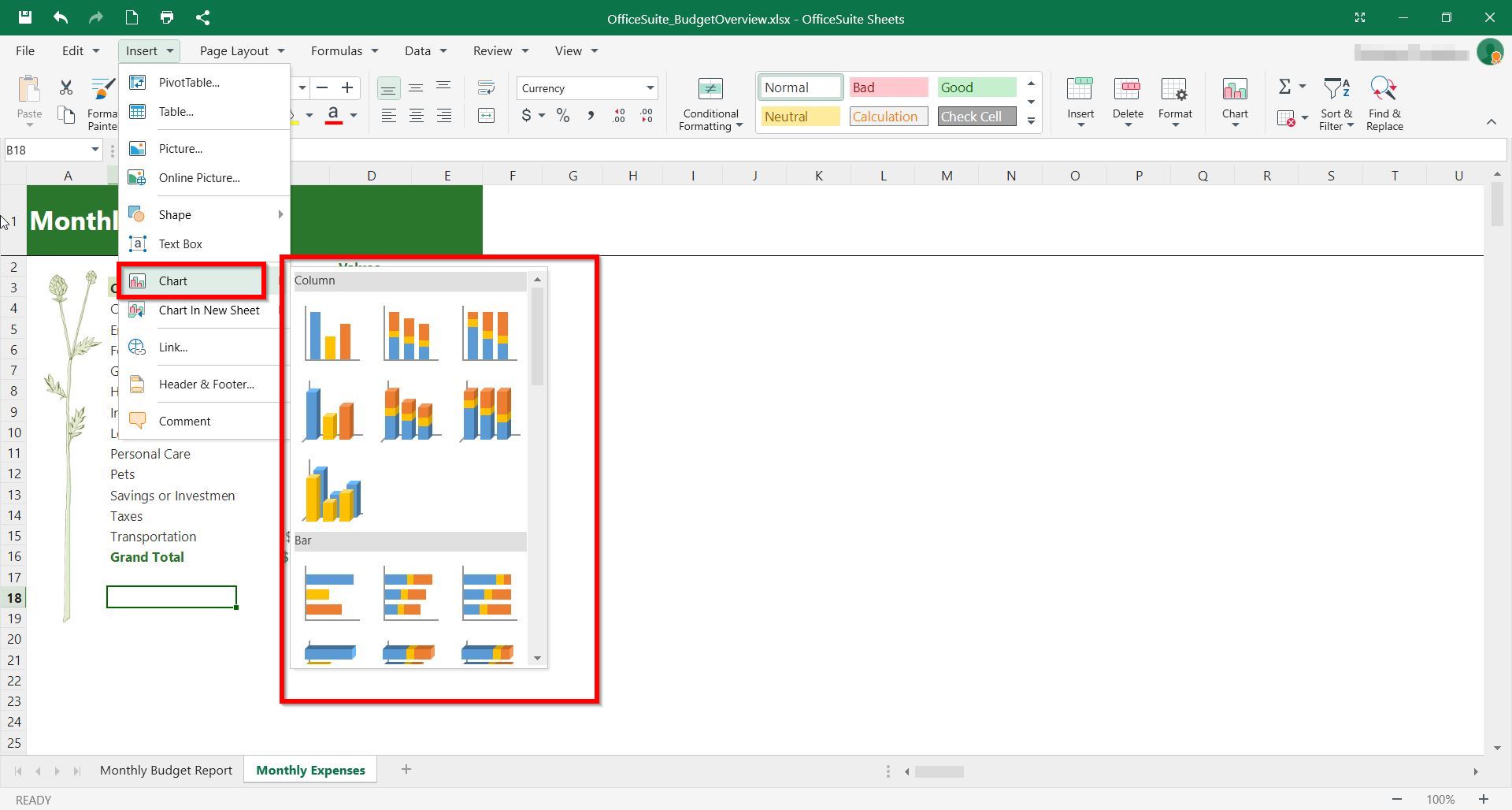 Insert a chart in sheets officesuite